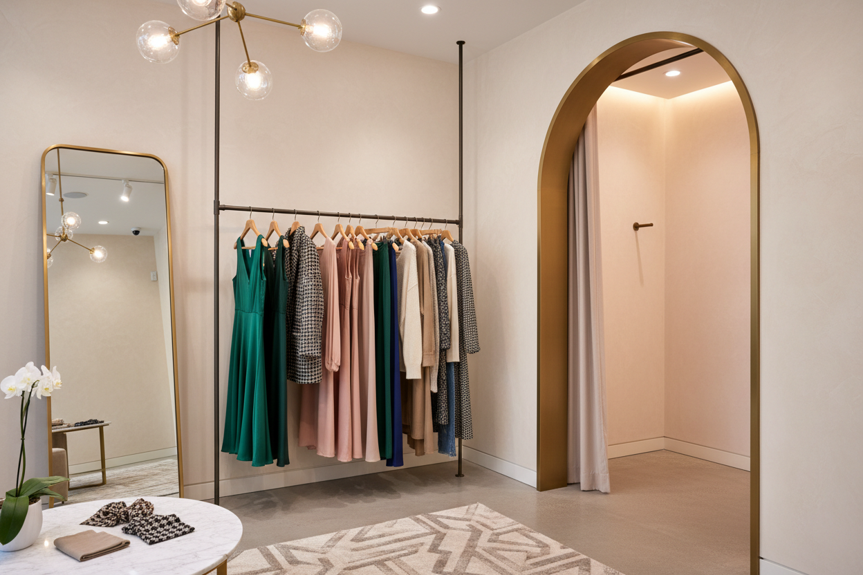 haz una imagen tipo en un recibidor tipo probador con prendas de ropa de moda de fondo